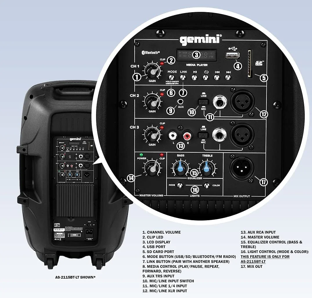 Gemini Sound AS-2115BT-LT active PA speaker with LED lights — 200W peak, 15" woofer, Bluetooth with TWS - Image 3