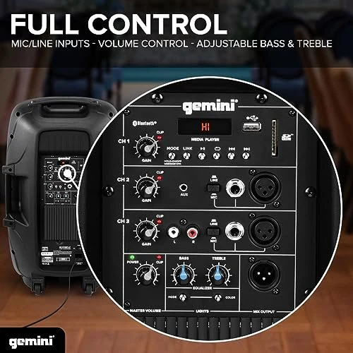Gemini Sound AS-2115BT-LT-PK active PA speaker with stand, mic, and LED lights — 200W peak, 15" woofer, Bluetooth - Image 7