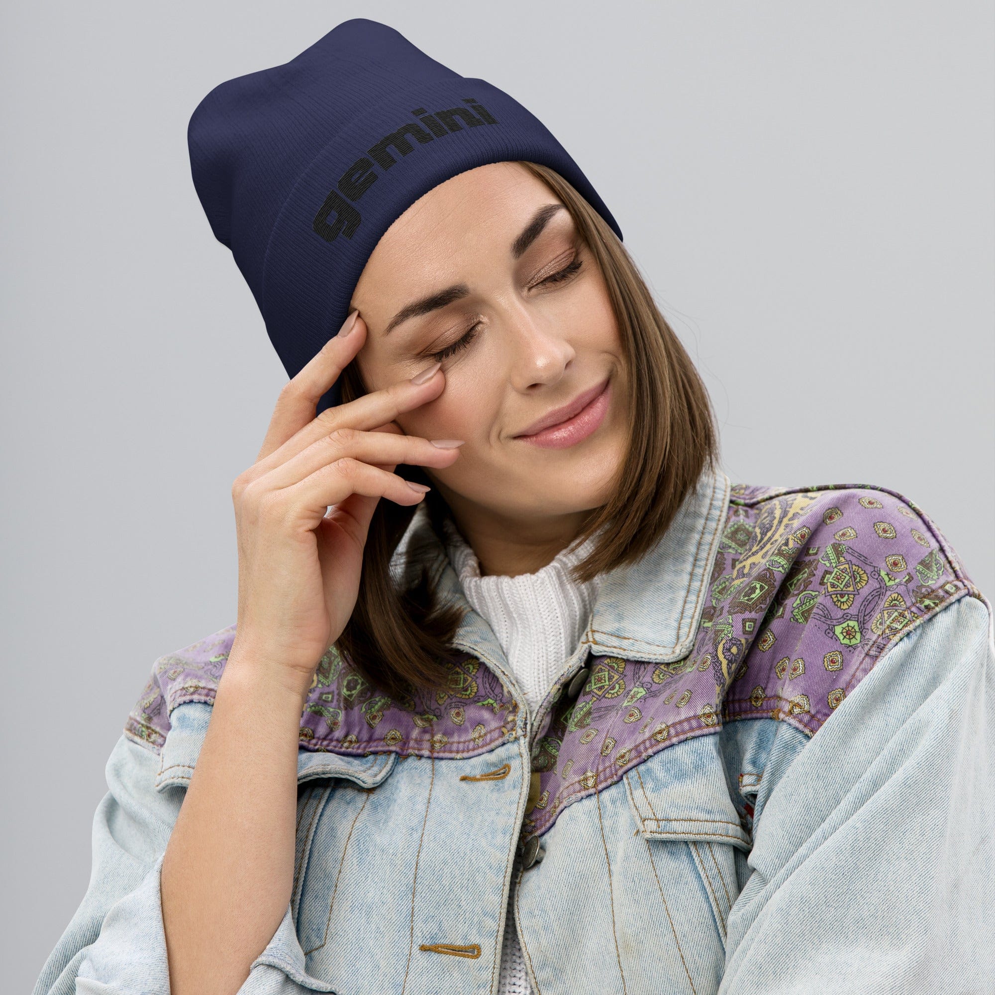 Gemini Sound Cotton Acrylic Embroidered Beanie - Form-Fitting Winter Hat - Image 4