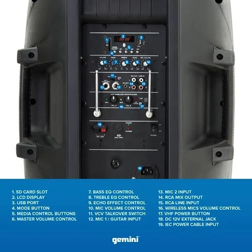 Gemini Sound ES-15TOGO 15" battery-powered PA speaker — 50W peak, 15" woofer, 5–8 hr battery - Image 3