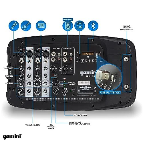 Gemini Sound ES-210MXBLU-ST portable PA system with speaker stands — 300W peak, dual 10" speakers, Bluetooth/USB/SD media player - Image 3