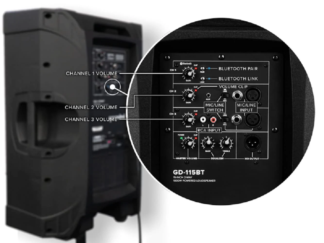 Gemini Sound GD-115BT active Bluetooth PA speaker — 1000W peak, 15" woofer, 3-channel mixer - Image 2