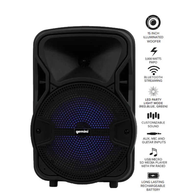 Gemini Sound GSX-L208BTB portable Bluetooth party speaker — 500W peak, 8" woofer, LED-lit driver - Image 2