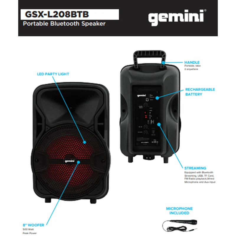 Gemini Sound GSX-L208BTB portable Bluetooth party speaker — 500W peak, 8" woofer, LED-lit driver - Image 3
