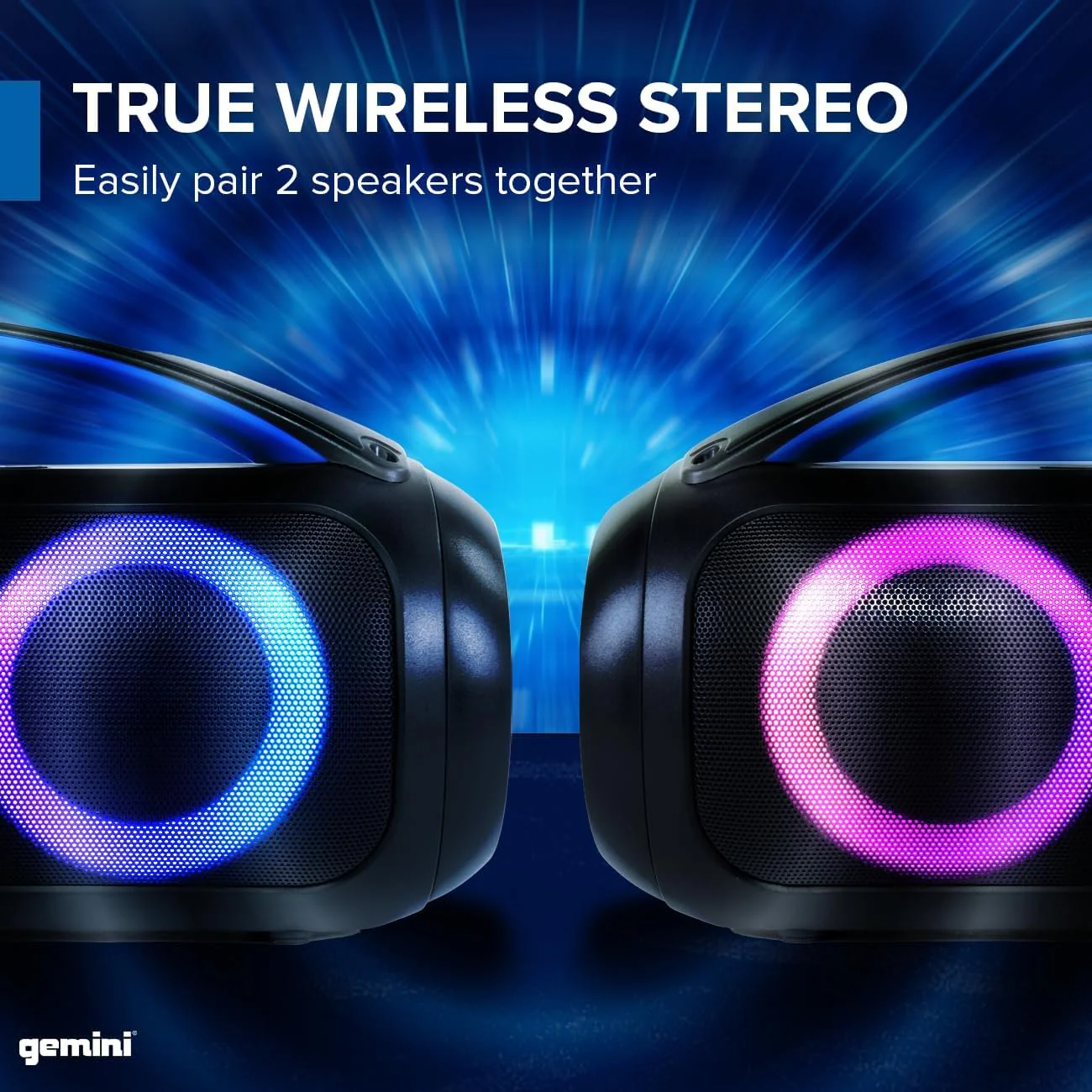 Gemini Sound GGO-230L portable Bluetooth boombox with LED party lighting — 30W peak, dual 3" woofers, 7-hour battery - Image 4