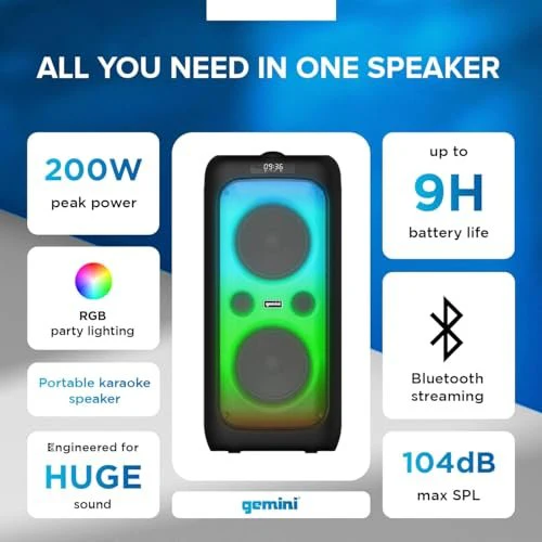 Gemini Sound GGO-2650L portable Bluetooth boombox with karaoke mic and LED lights — 80W peak, dual 6.5" woofers, 9-hr battery - Image 4