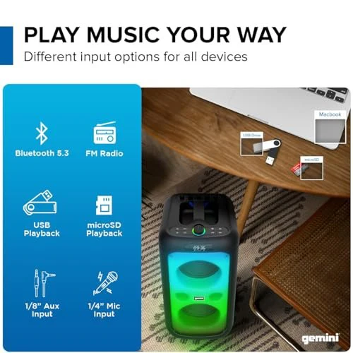 Gemini Sound GGO-2650L portable Bluetooth boombox with karaoke mic and LED lights — 80W peak, dual 6.5" woofers, 9-hr battery - Image 5