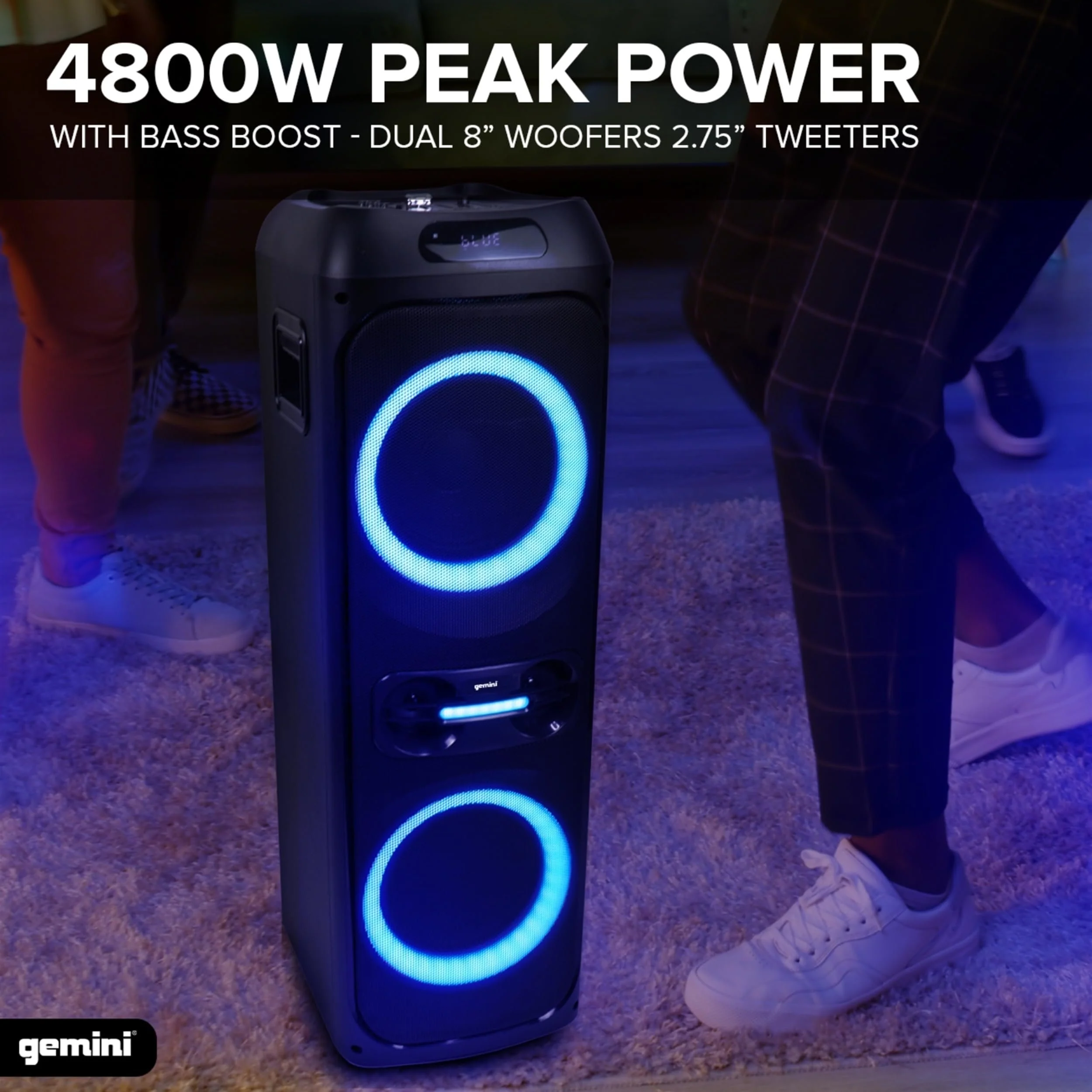 Gemini Sound GHK-2800 Bluetooth party speaker with LED lights — 320W peak, dual 8" woofers, mic and guitar inputs - Image 3