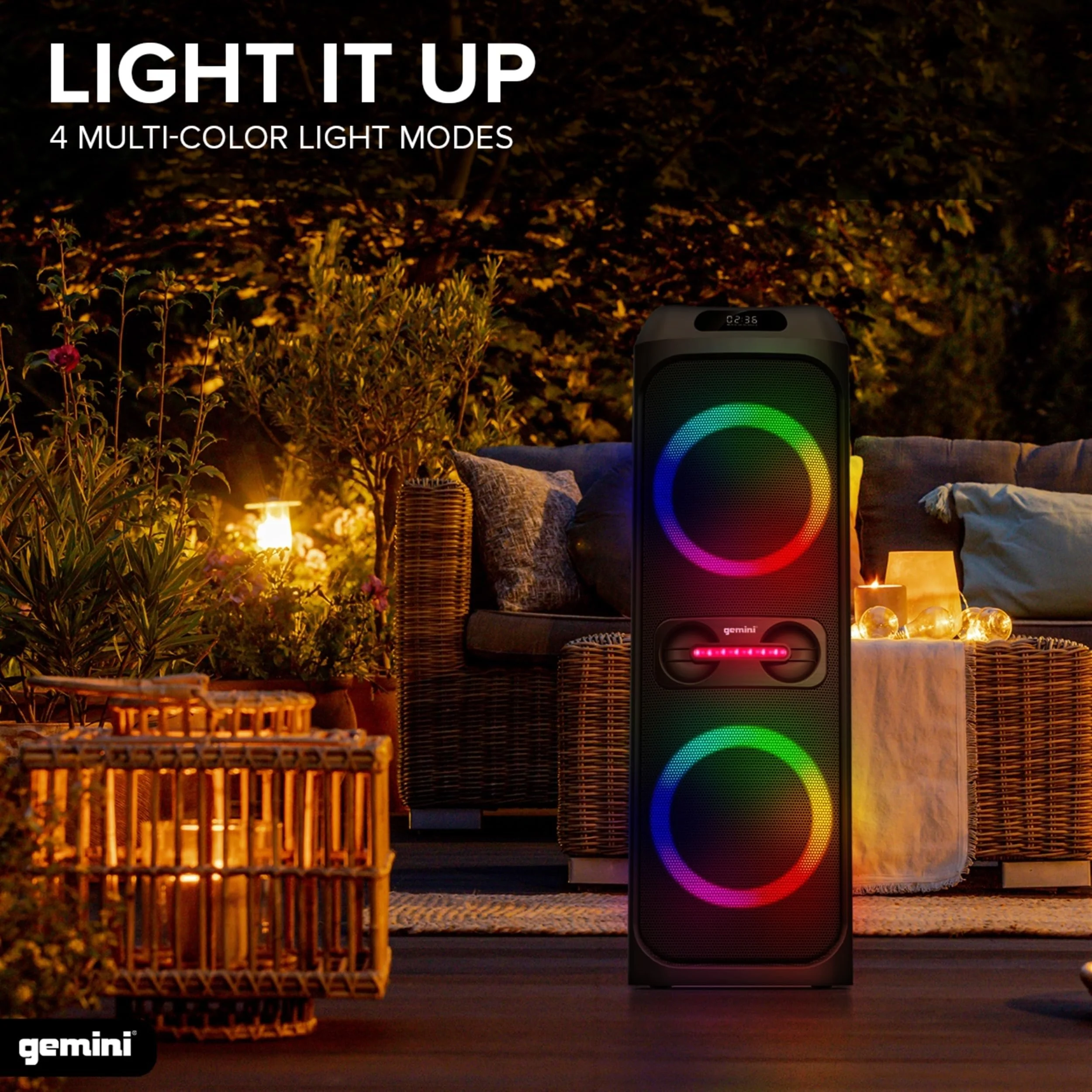 Gemini Sound GHK-2800 Bluetooth party speaker with LED lights — 320W peak, dual 8" woofers, mic and guitar inputs - Image 5