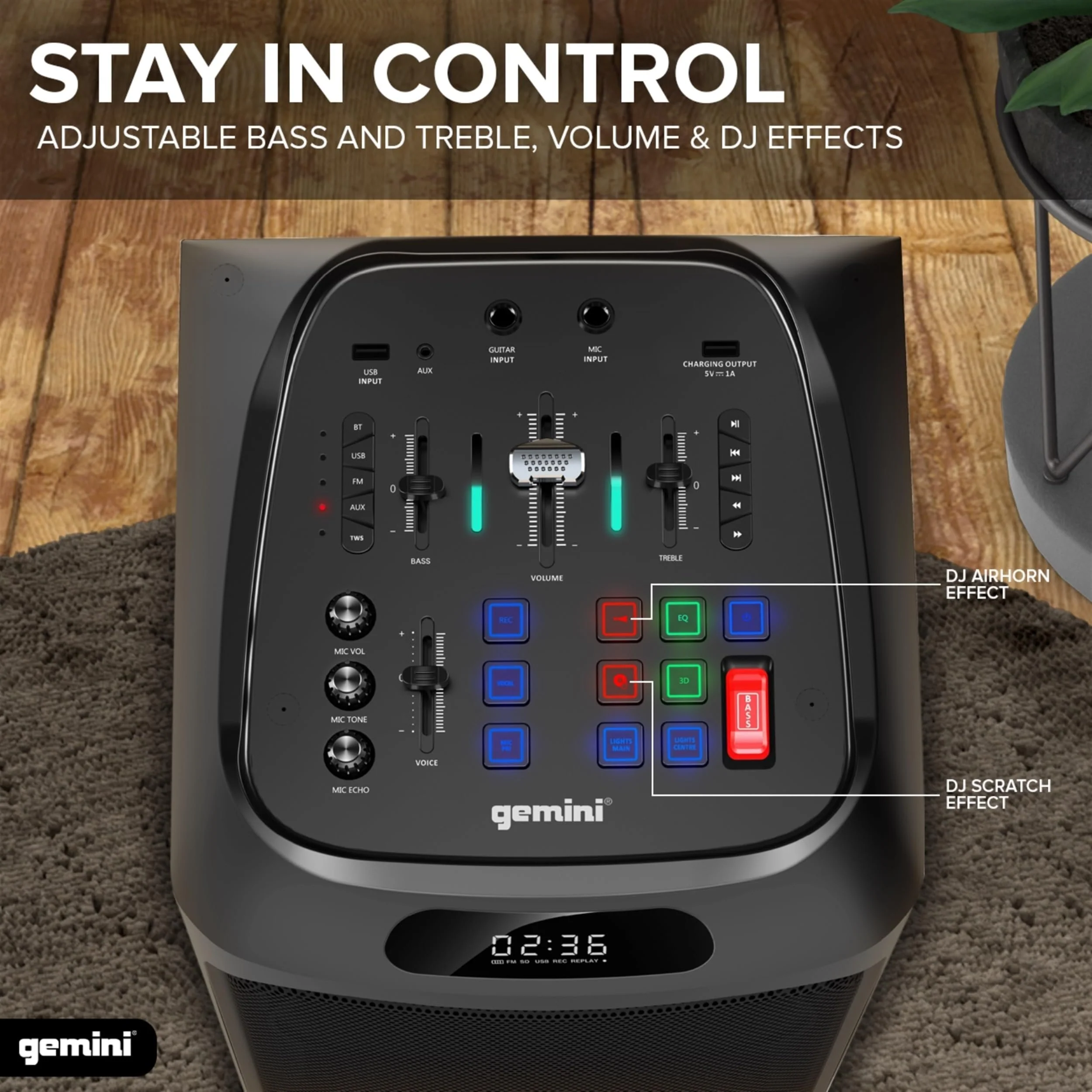 Gemini Sound GHK-2800 Bluetooth party speaker with LED lights — 320W peak, dual 8" woofers, mic and guitar inputs - Image 7