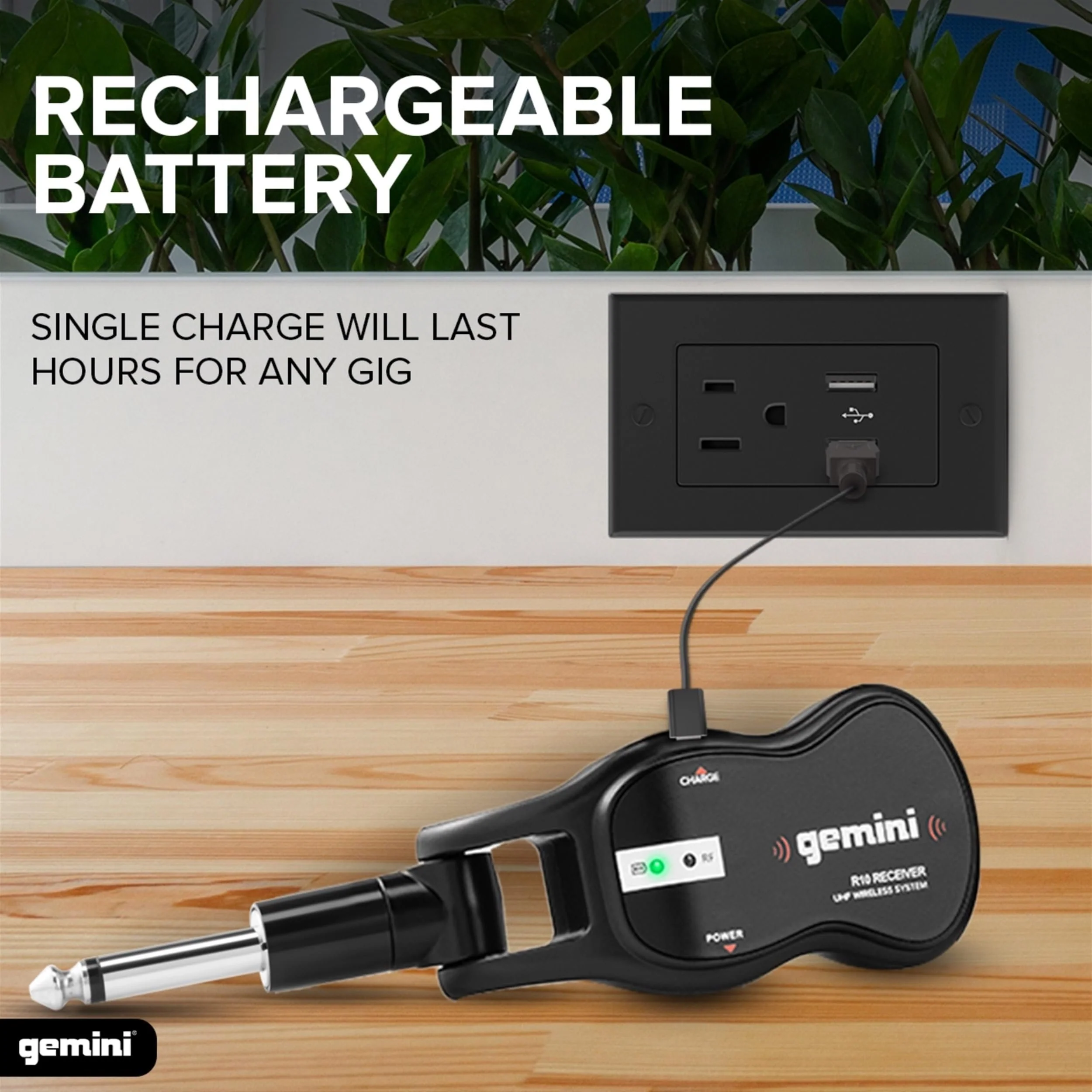 Gemini Sound GMU-G100 UHF wireless guitar system — 50m+ range, rechargeable transmitter and receiver, 1/4" connection - Image 4