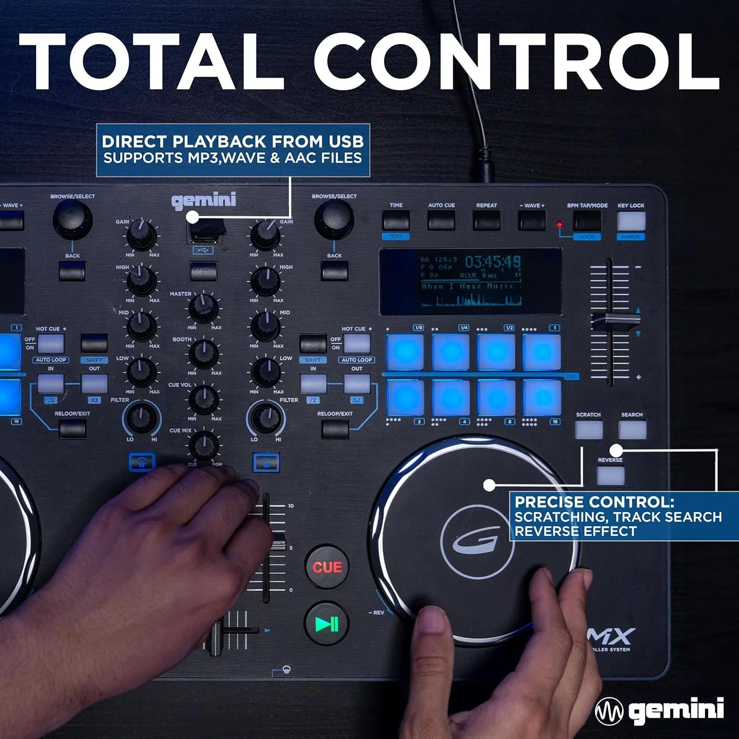 Gemini Sound GMX standalone media player and DJ controller — 2 channels, touch-sensitive jog wheels, 24-bit audio interface - Image 3