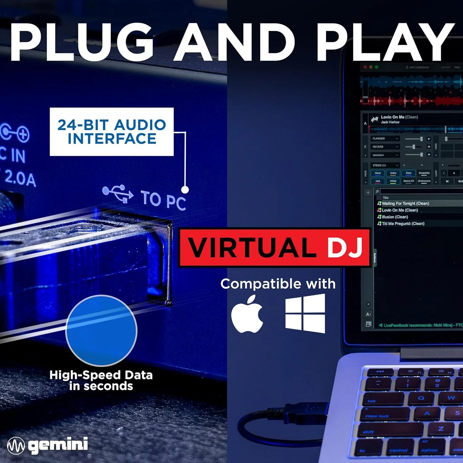 Gemini Sound GMX standalone media player and DJ controller — 2 channels, touch-sensitive jog wheels, 24-bit audio interface - Image 5