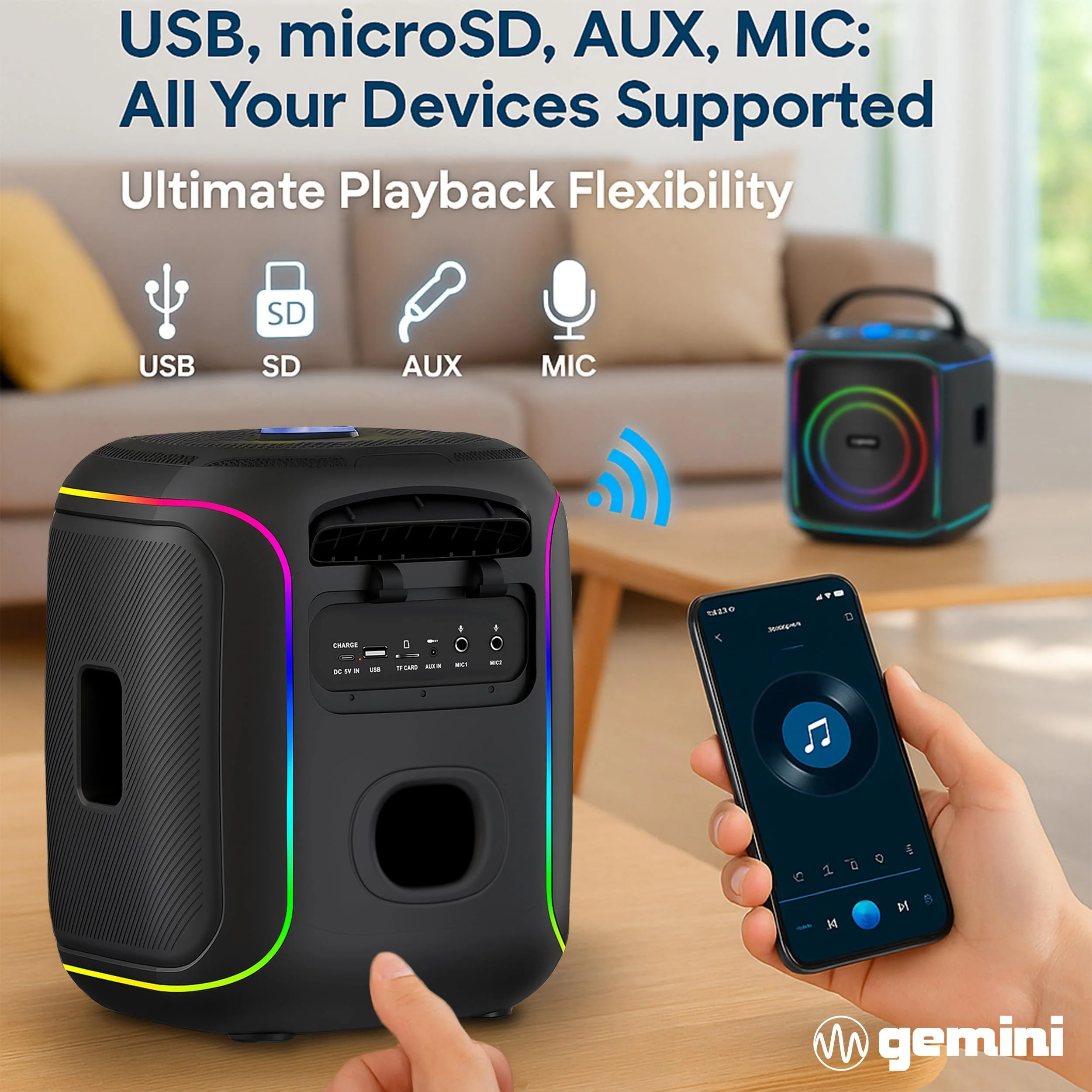Gemini Sound GPK-200PK portable Bluetooth karaoke speaker with light-up tripod — 200W peak, 6.5" woofer, 2 wireless mics - Image 5