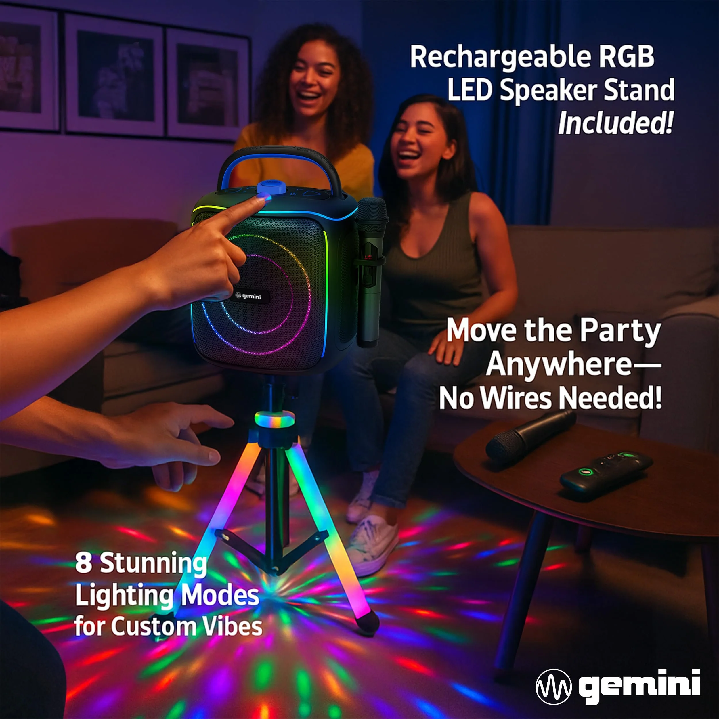 Gemini Sound GPK-200PK portable Bluetooth karaoke speaker with light-up tripod — 200W peak, 6.5" woofer, 2 wireless mics - Image 7