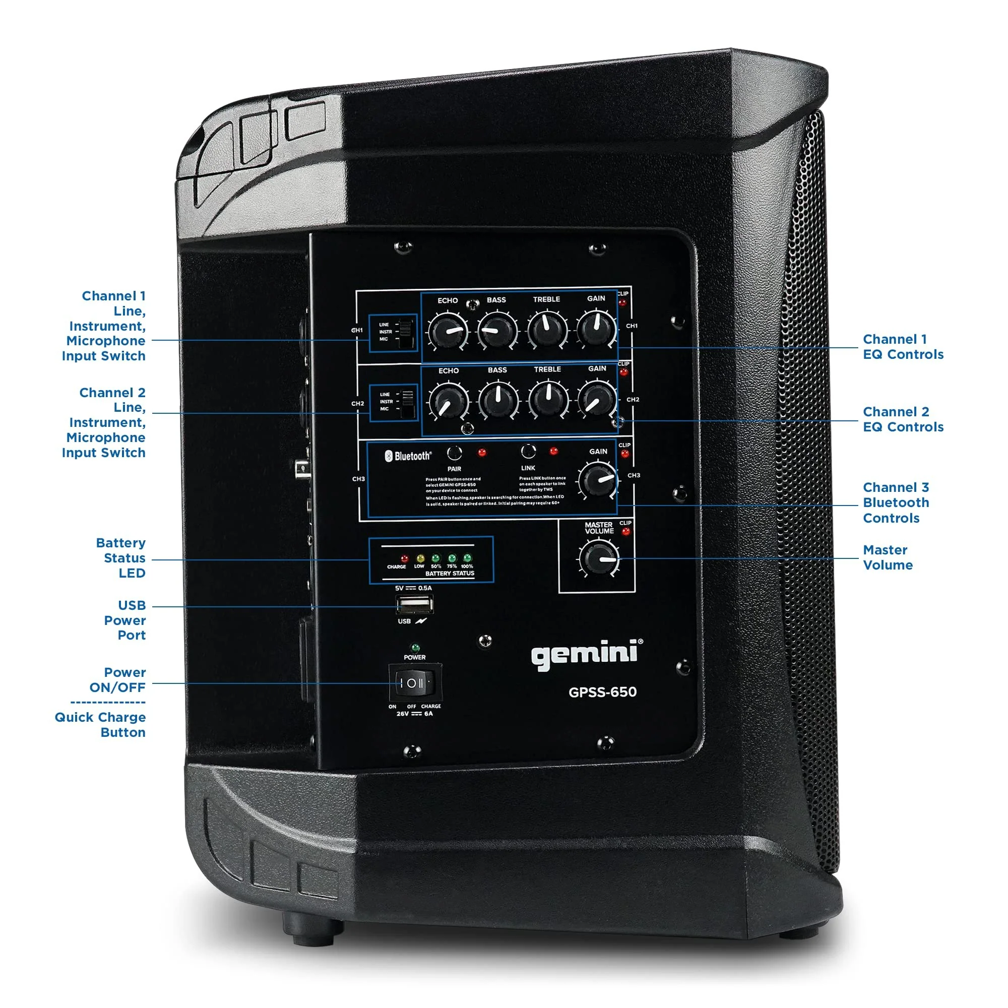 Gemini Sound GPSS-650 portable professional PA system — 200W peak, 6.5" woofer, 12-hour battery - Image 3