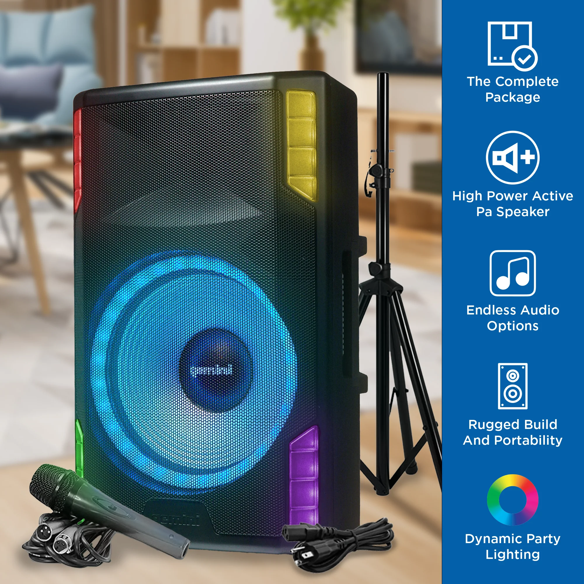 Gemini Sound GSP-L5500PK 15" active Bluetooth PA speaker with LED lights, stand, and mic — 500W peak, 250W RMS, 126dB max SPL - Image 6