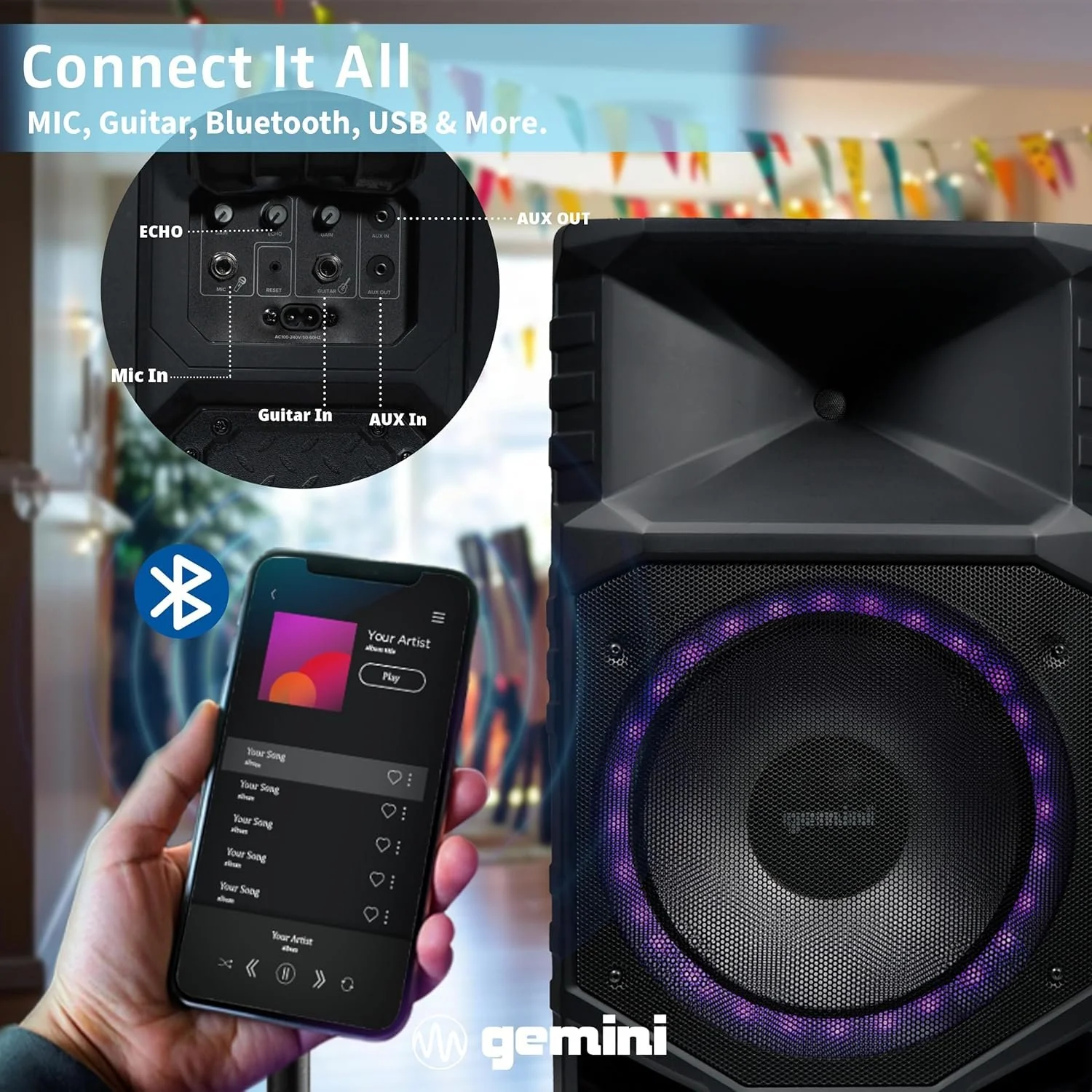 Gemini Sound GXP-T1500 portable Bluetooth PA speaker with LED lights — 270W peak, 15" woofer, IPX4 weatherproof - Image 6
