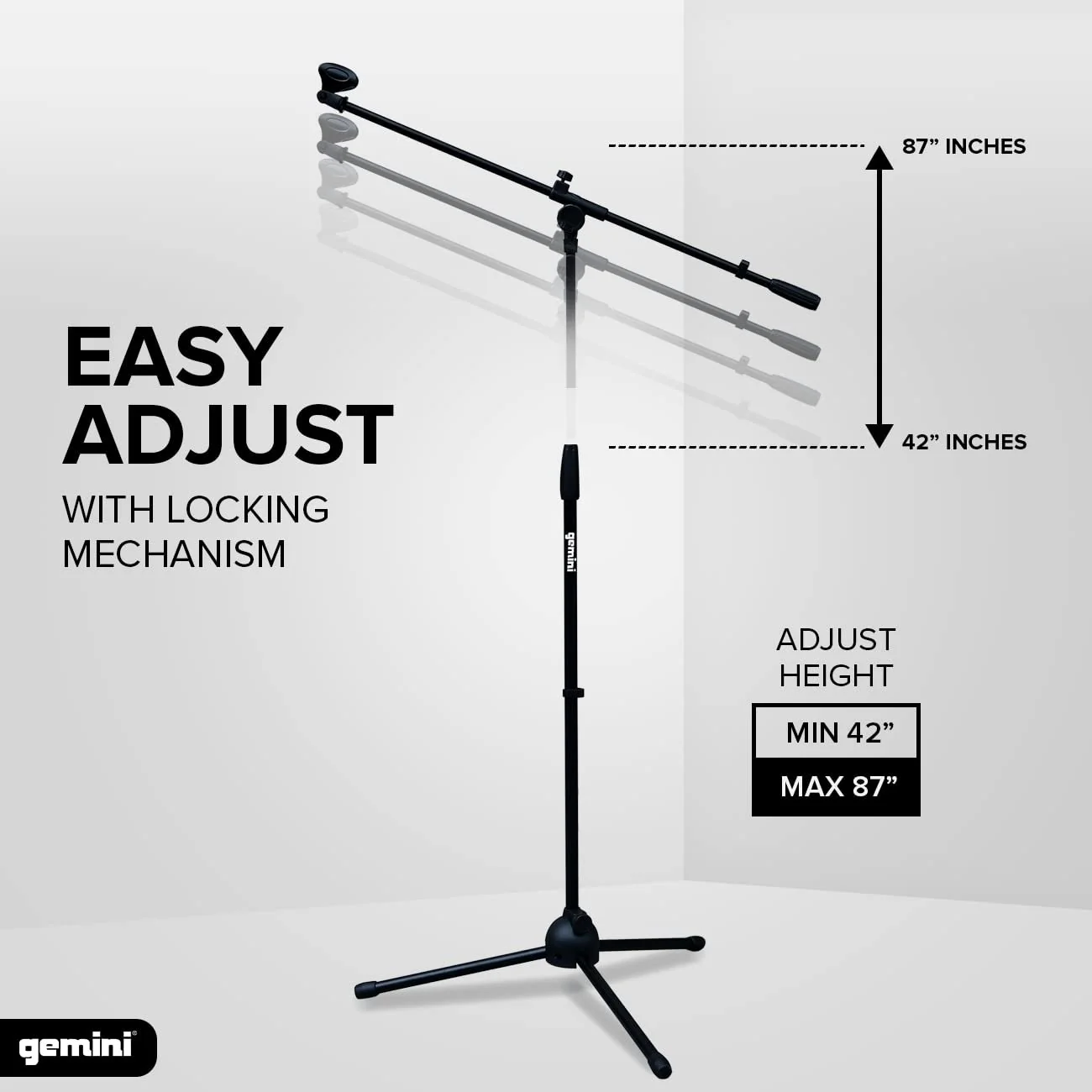 Gemini Sound MBST-01 adjustable tripod boom microphone stand — 42"–87" height, folding legs, mic clip included - Image 3