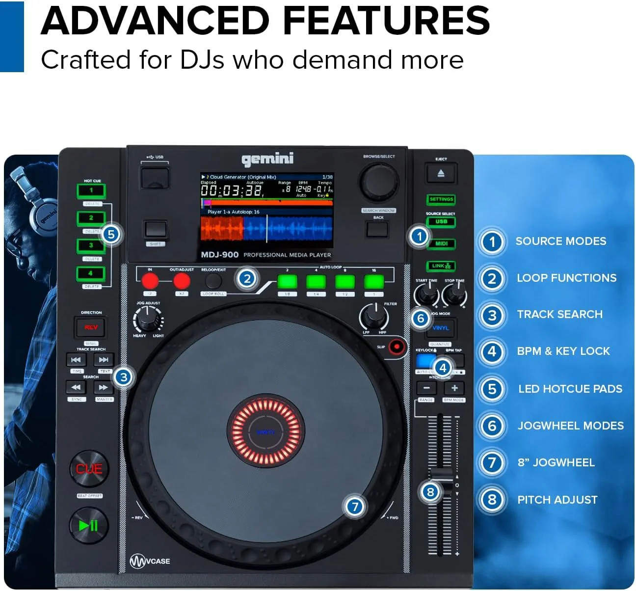 Gemini Sound MDJ-900 professional USB media player — 8" touch platter, 4.3" color screen, 4-deck Link mode - Image 4