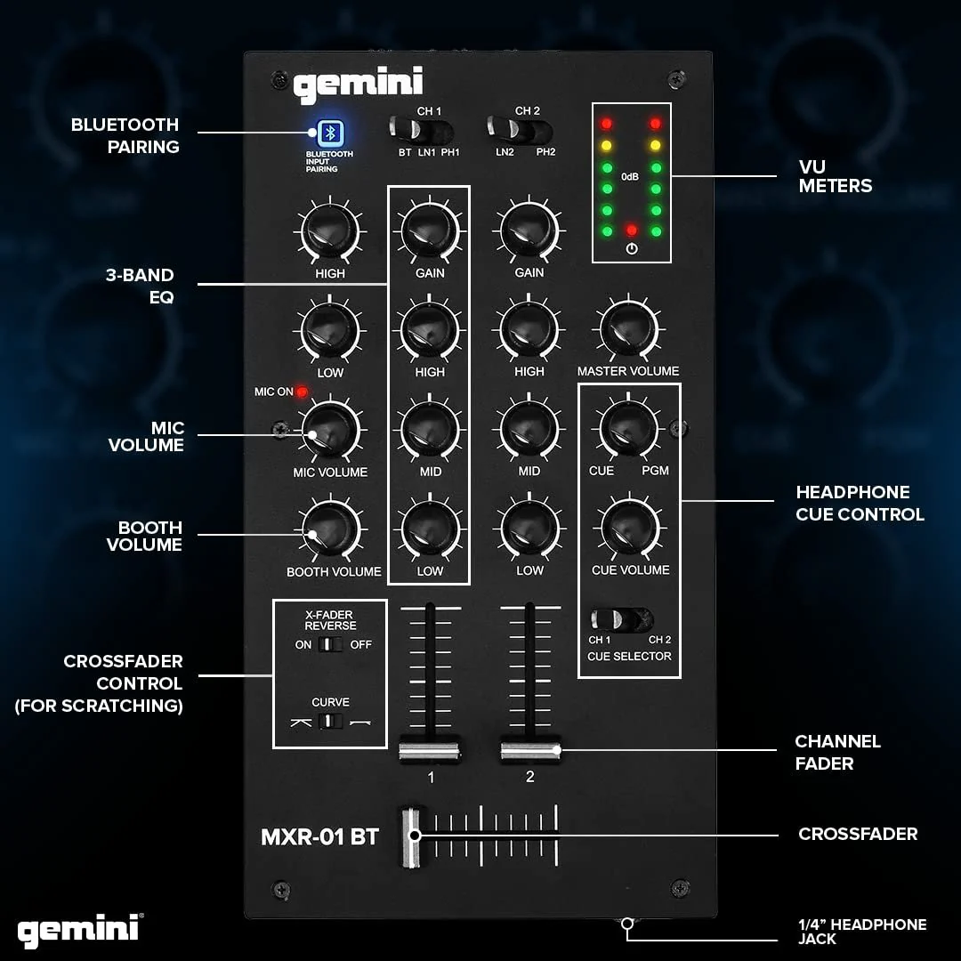 Gemini Sound MXR-01BT 2-channel DJ mixer with Bluetooth — 2-channel, Bluetooth input, all-metal chassis - Image 3