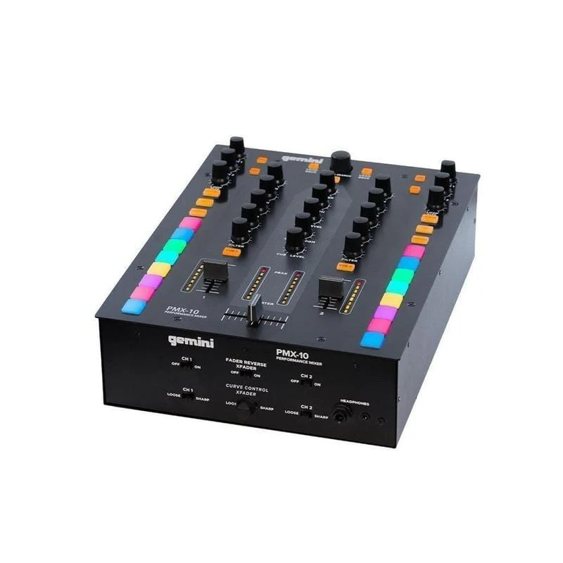 Gemini Sound PMX-10 2-channel DJ mixer and MIDI controller — 16 RGB pads, Innofader-ready crossfader, built-in audio interface