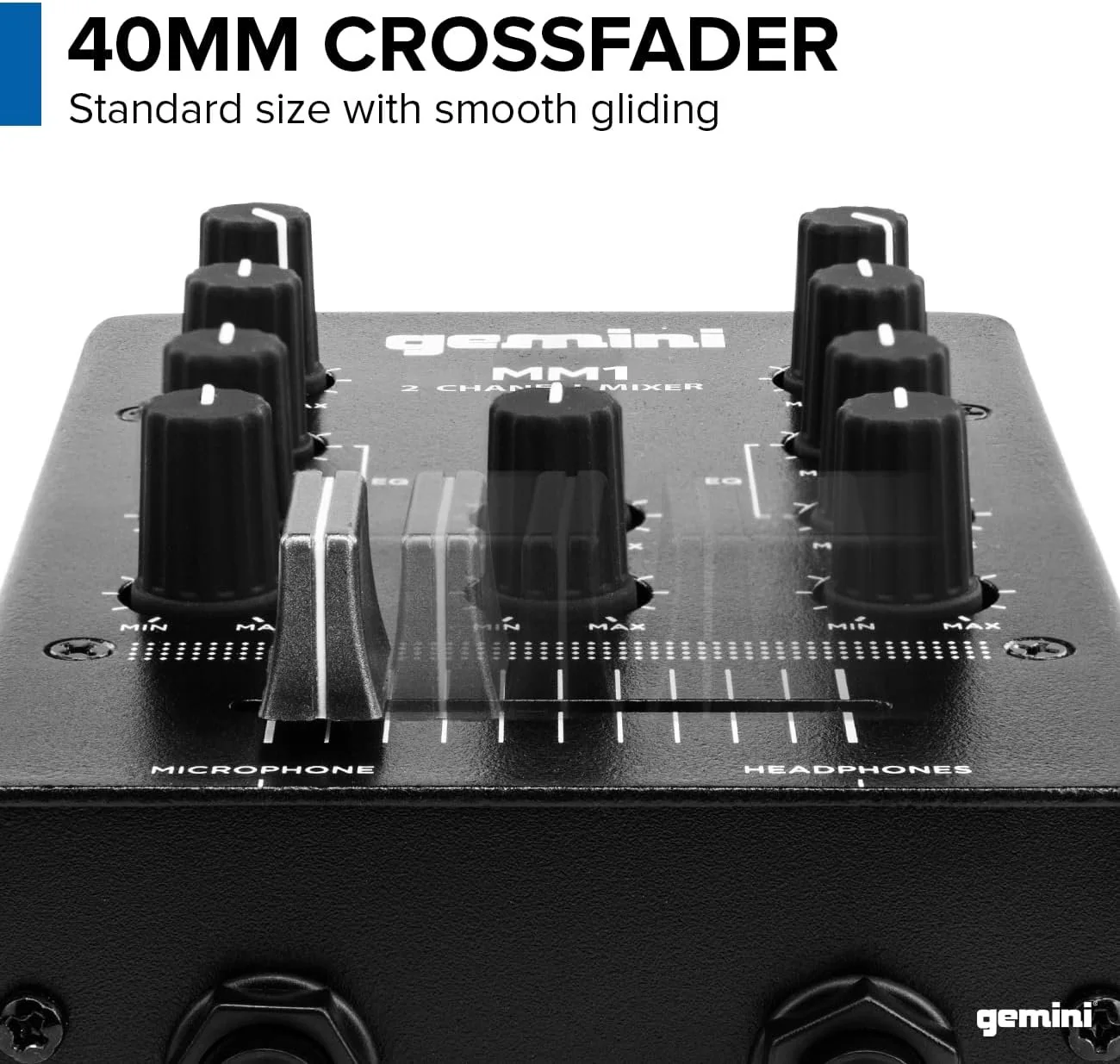 Gemini Sound MM1 pocket-sized 2-channel DJ mixer — 40mm crossfader, 2-band EQ, all-metal build - Image 3