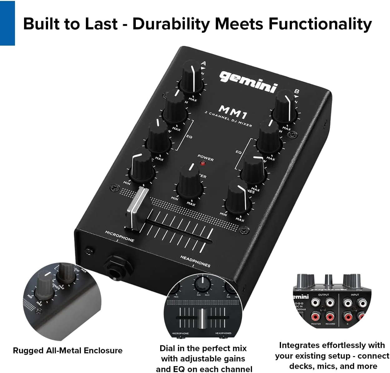 Gemini Sound MM1 pocket-sized 2-channel DJ mixer — 40mm crossfader, 2-band EQ, all-metal build - Image 4