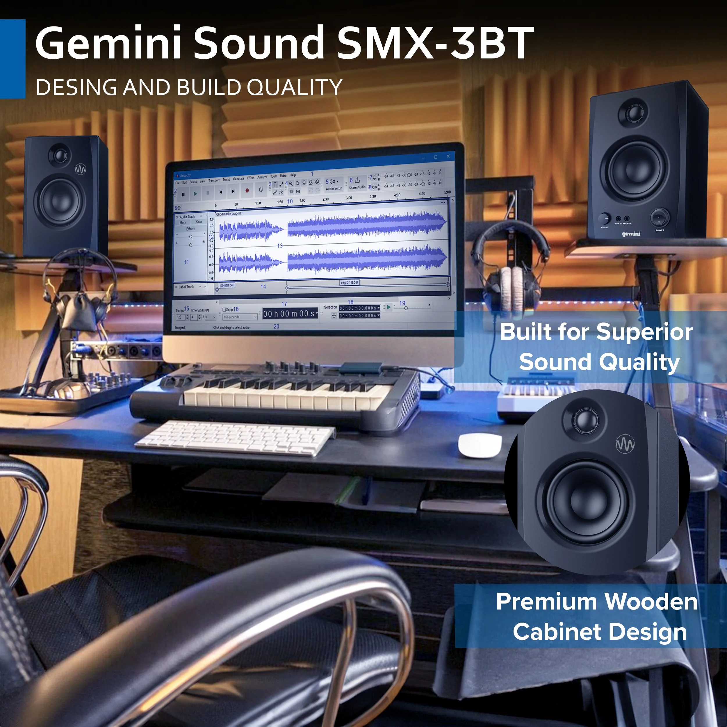 Gemini Sound SMX-3BT 3.5" bookshelf studio monitors with Bluetooth — 50W RMS, 3.5" woofers, TRS/RCA/aux inputs - Image 3