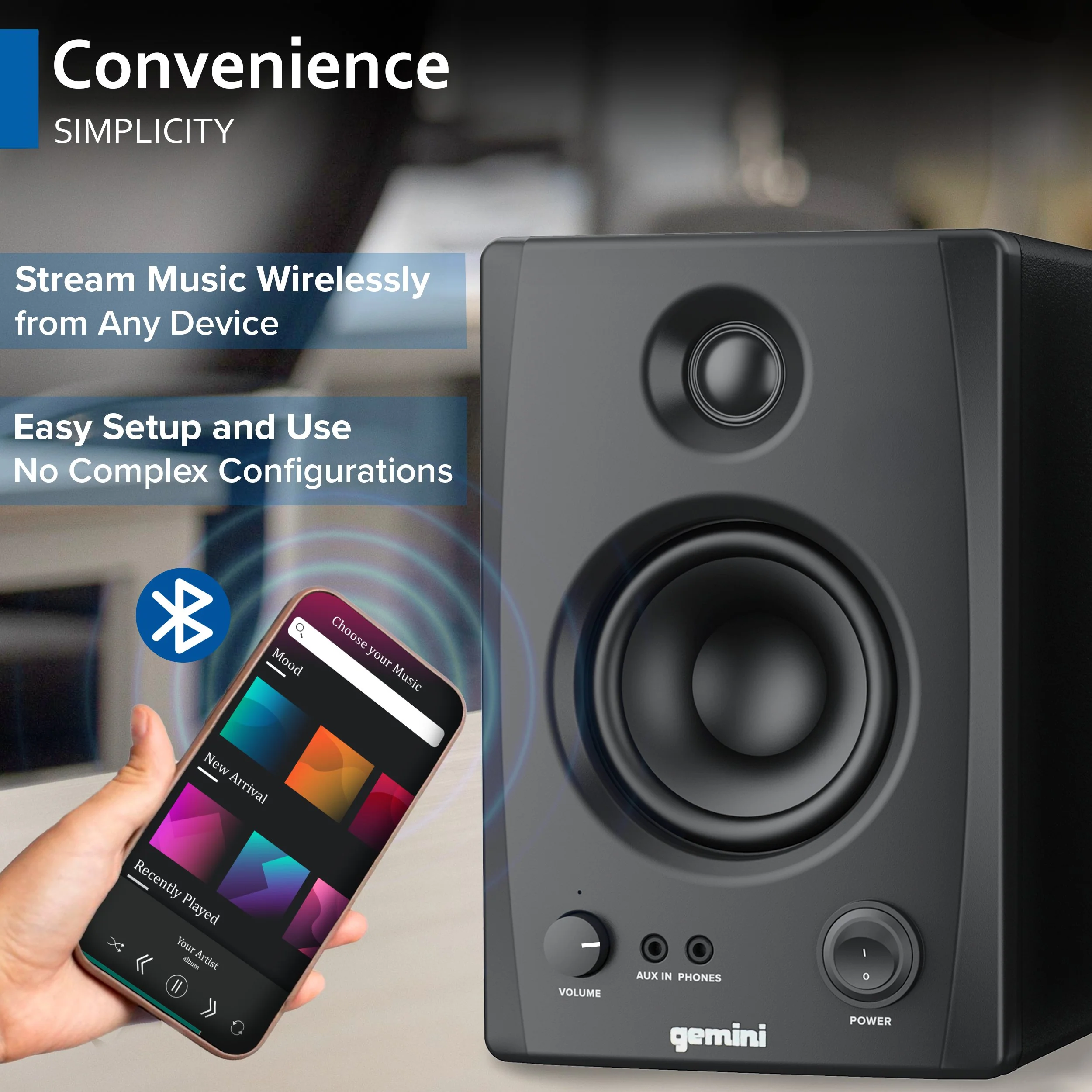 Gemini Sound SMX-3BT 3.5" bookshelf studio monitors with Bluetooth — 50W RMS, 3.5" woofers, TRS/RCA/aux inputs - Image 5