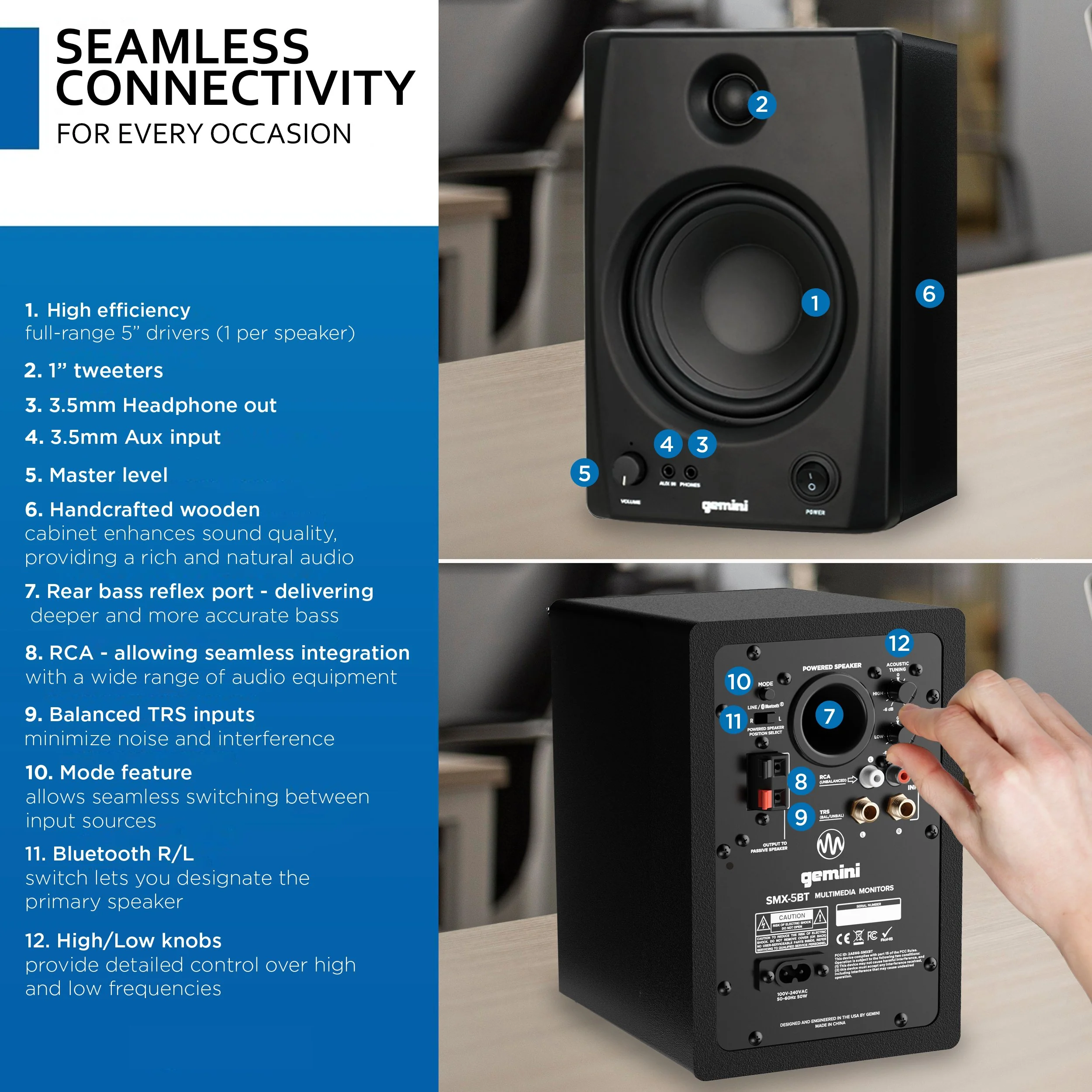 Gemini Sound SMX-5BT 5" bookshelf studio monitors with Bluetooth — 100W peak, 5" woofers, Bluetooth 5.0 - Image 2