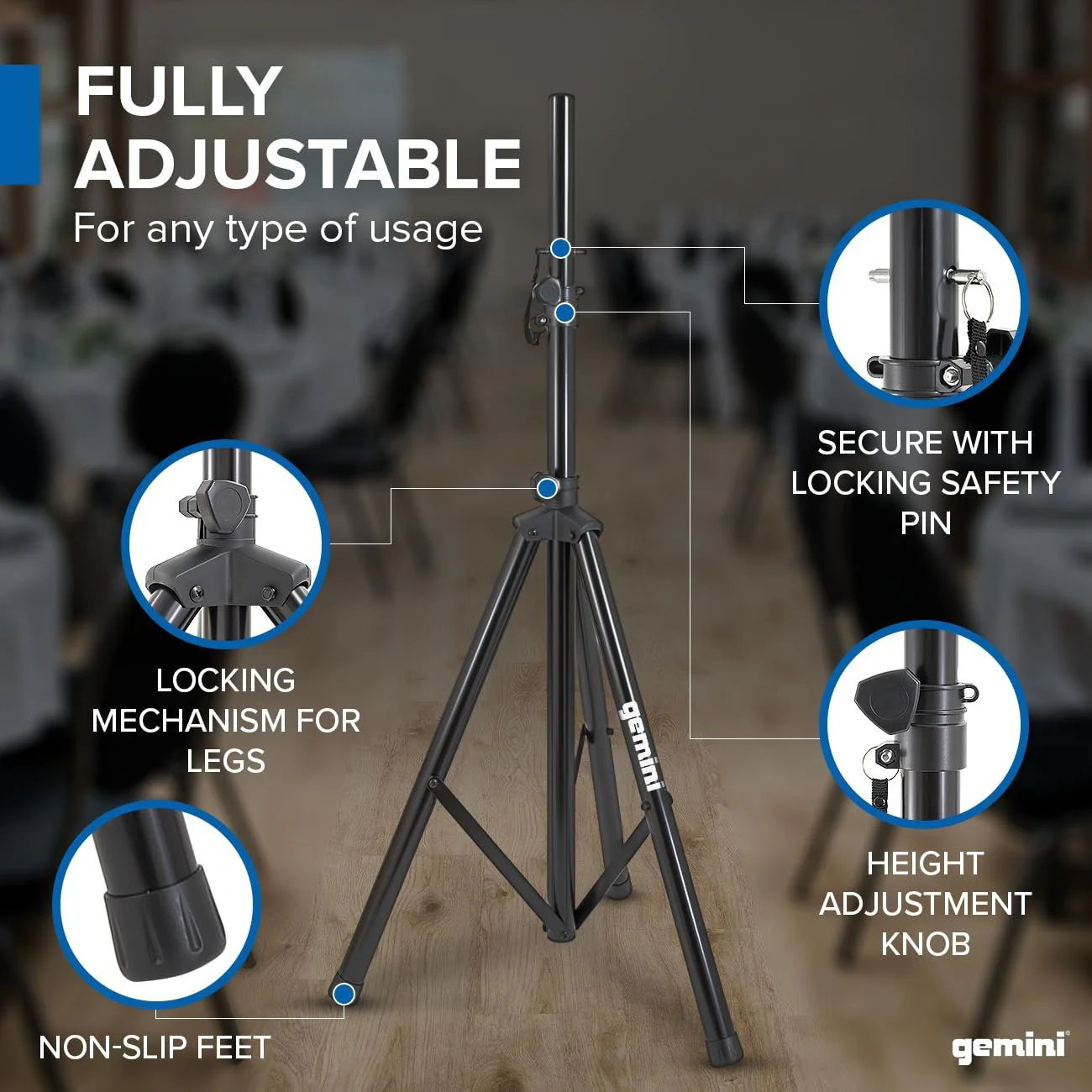 Gemini Sound ST-04 professional tripod speaker stand — 60 lb capacity, 43"–80" adjustable height, 38mm steel tubing - Image 6
