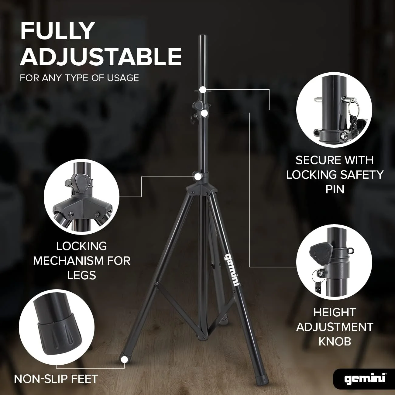 Gemini Sound ST-PACK tripod speaker stand pair with carry bag — 60 lbs capacity per stand, 43"–80" height, 38mm tubing - Image 6