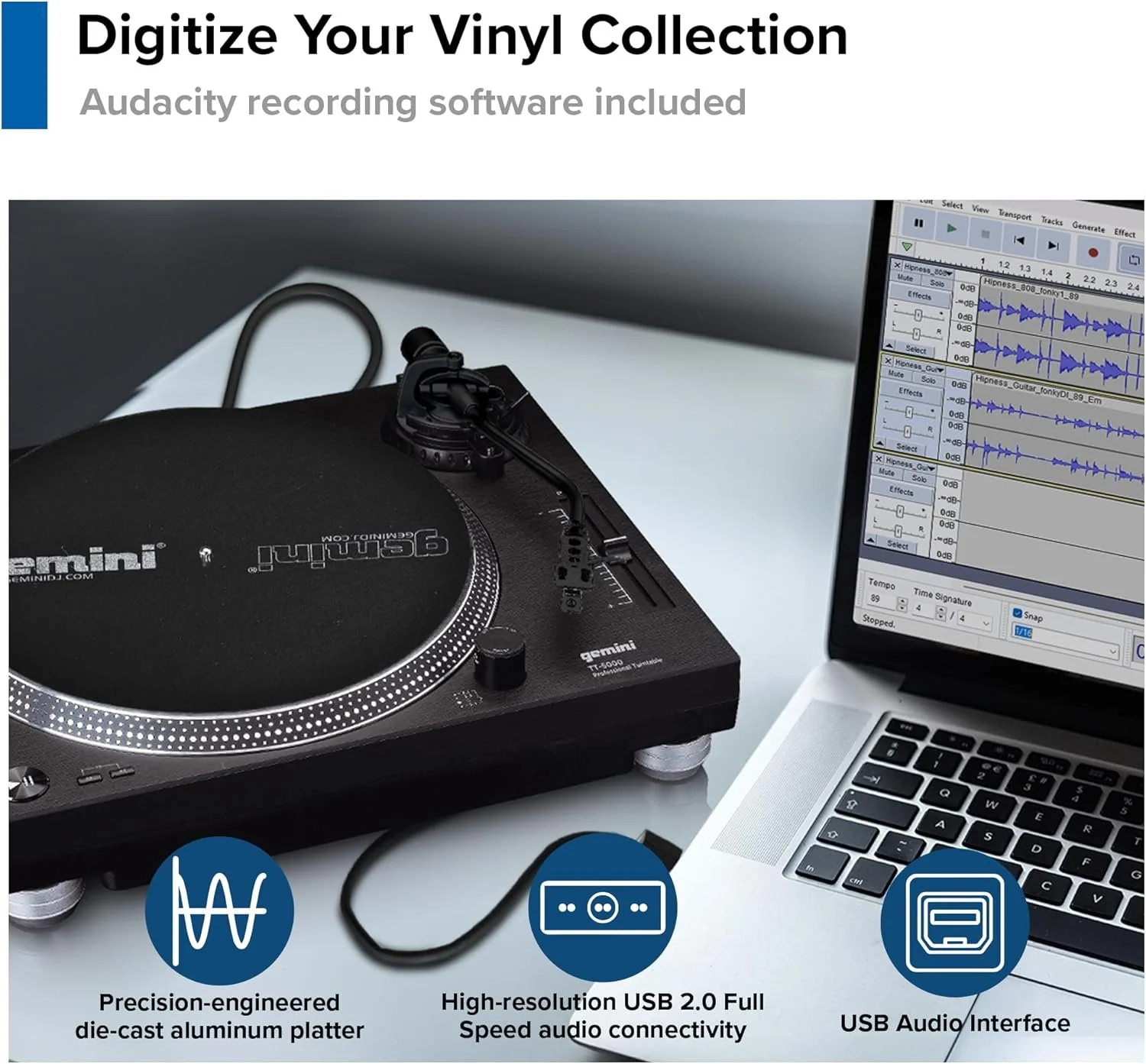 Gemini Sound TT-5000 high-torque direct-drive DJ turntable — 4.5 kg/cm torque, 33/45/78 RPM, USB recording - Image 4
