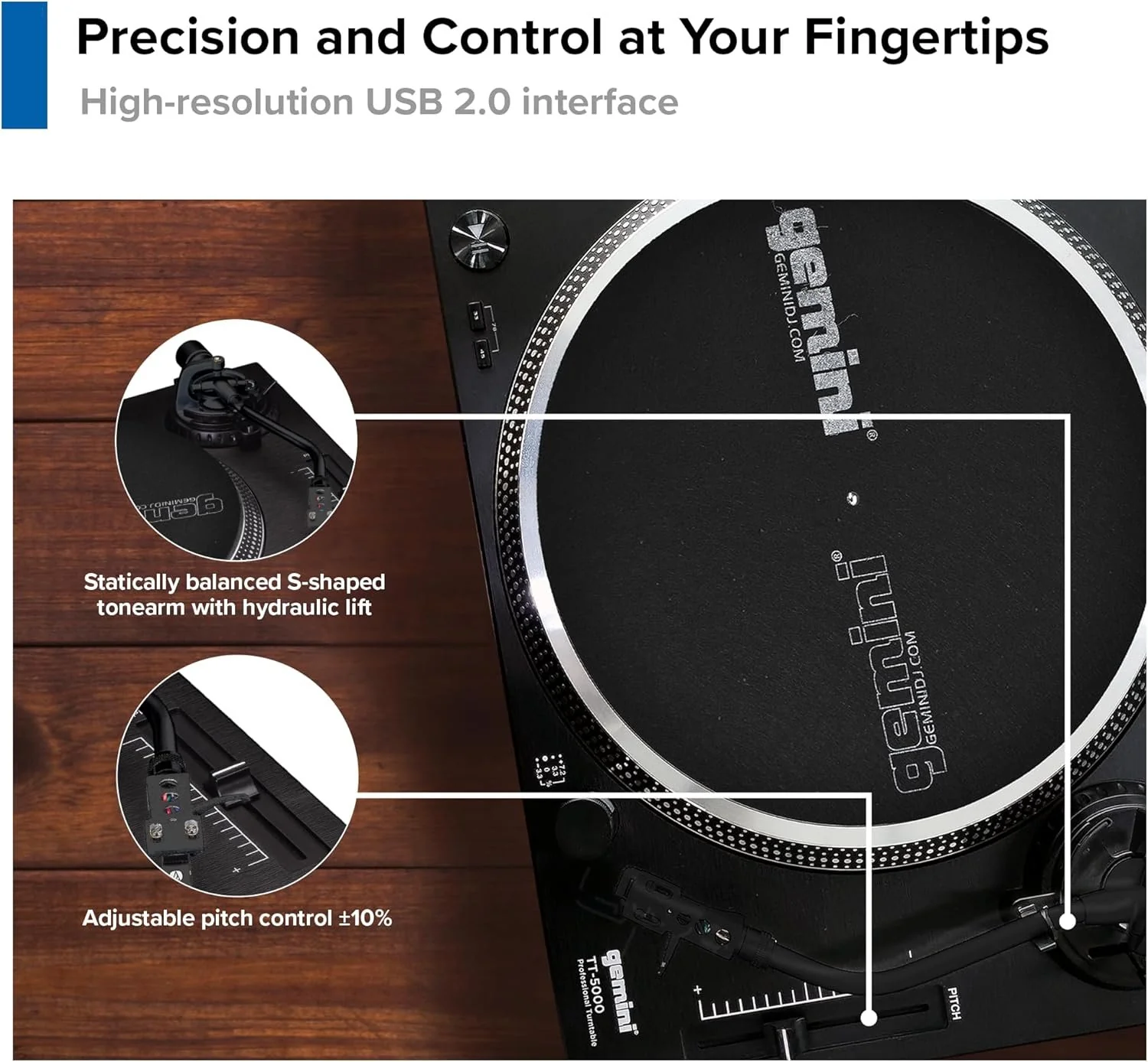 Gemini Sound TT-5000 high-torque direct-drive DJ turntable — 4.5 kg/cm torque, 33/45/78 RPM, USB recording - Image 5