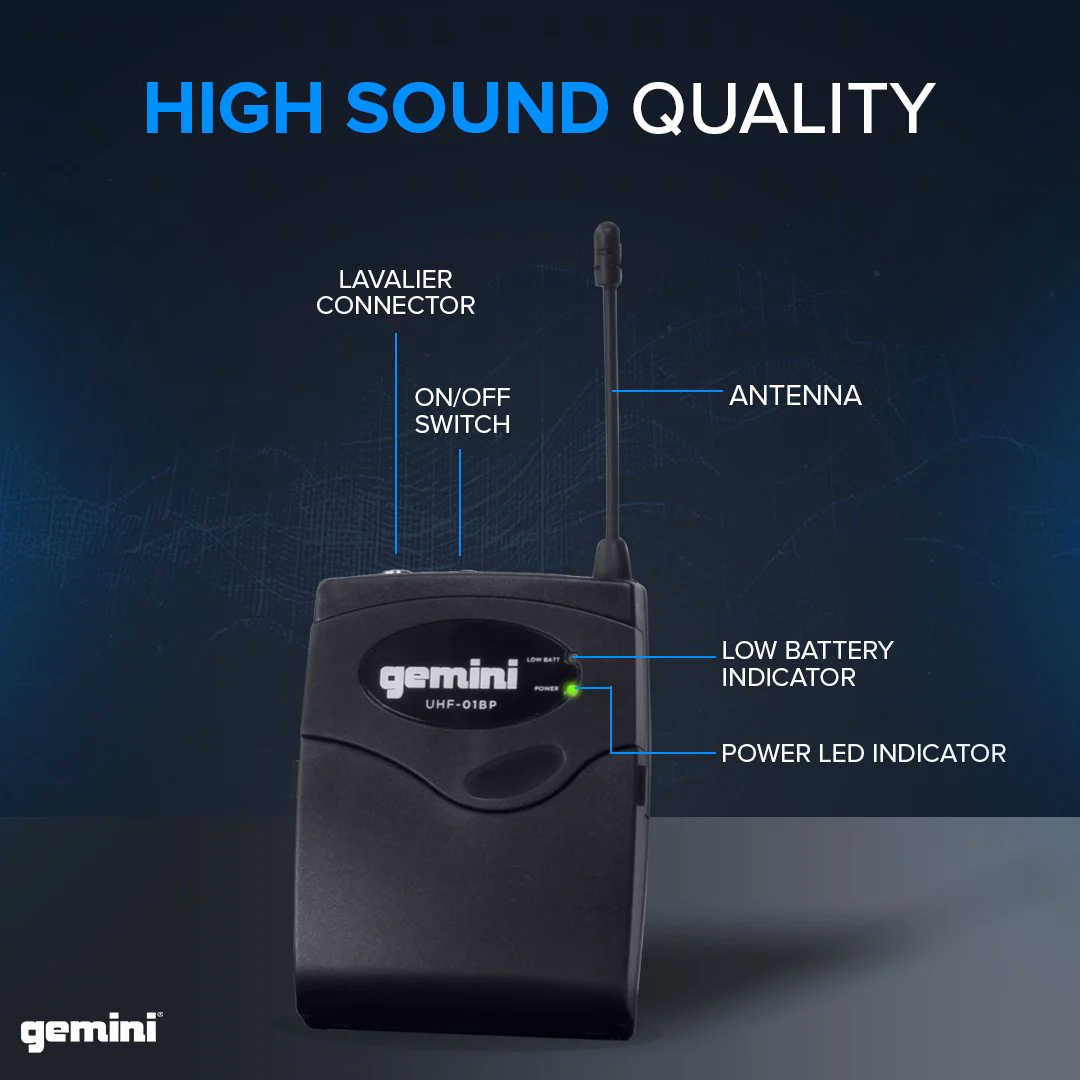 Gemini Sound UHF-01HL wireless headset and lavalier microphone system — 150 ft range, 4 selectable frequencies, 1/4" output - Image 3