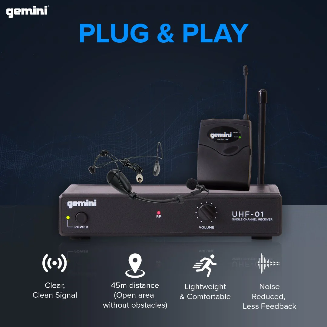 Gemini Sound UHF-01HL wireless headset and lavalier microphone system — 150 ft range, 4 selectable frequencies, 1/4" output - Image 6