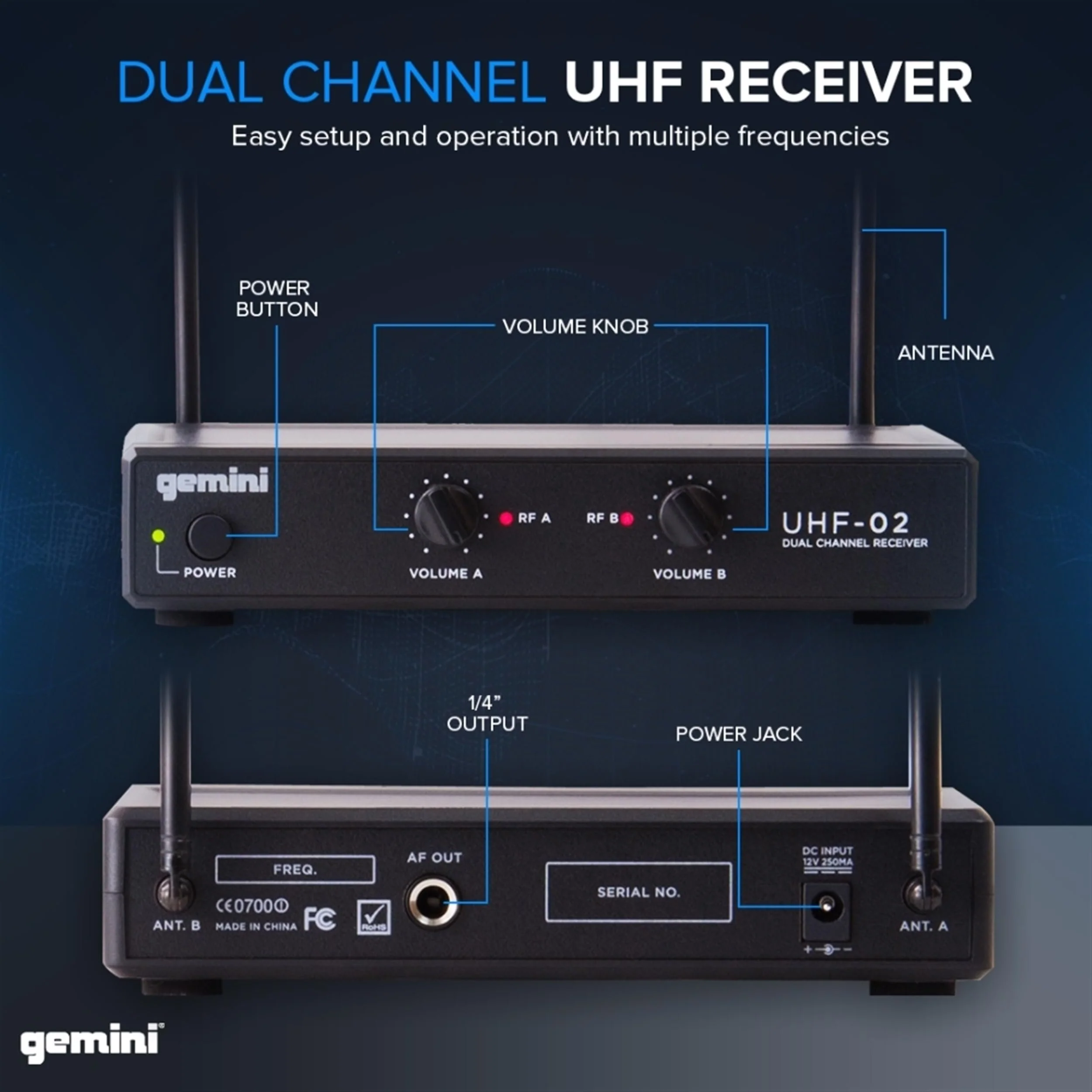 Gemini Sound UHF-02M dual-channel wireless microphone system — 2 handheld mics, 150-ft range, dual volume controls - Image 4