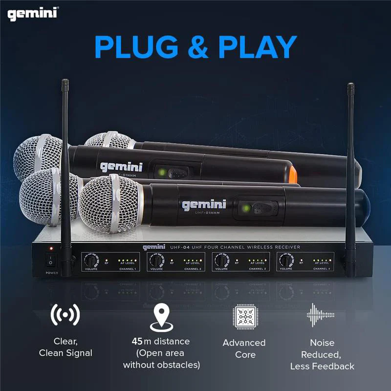 Gemini Sound UHF-04M 4-channel UHF wireless microphone system — 4 handheld mics, 150 ft range, individual and summed 1/4" outputs - Image 8