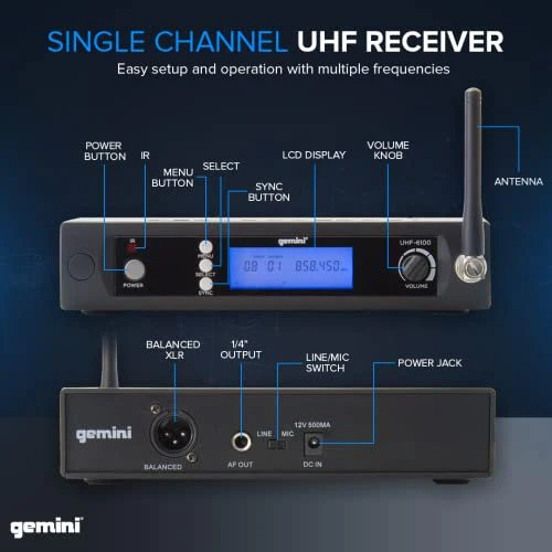 Gemini Sound UHF-6100M UHF wireless microphone system — 512–537.5MHz, 256 selectable frequencies, 240 ft range - Image 3