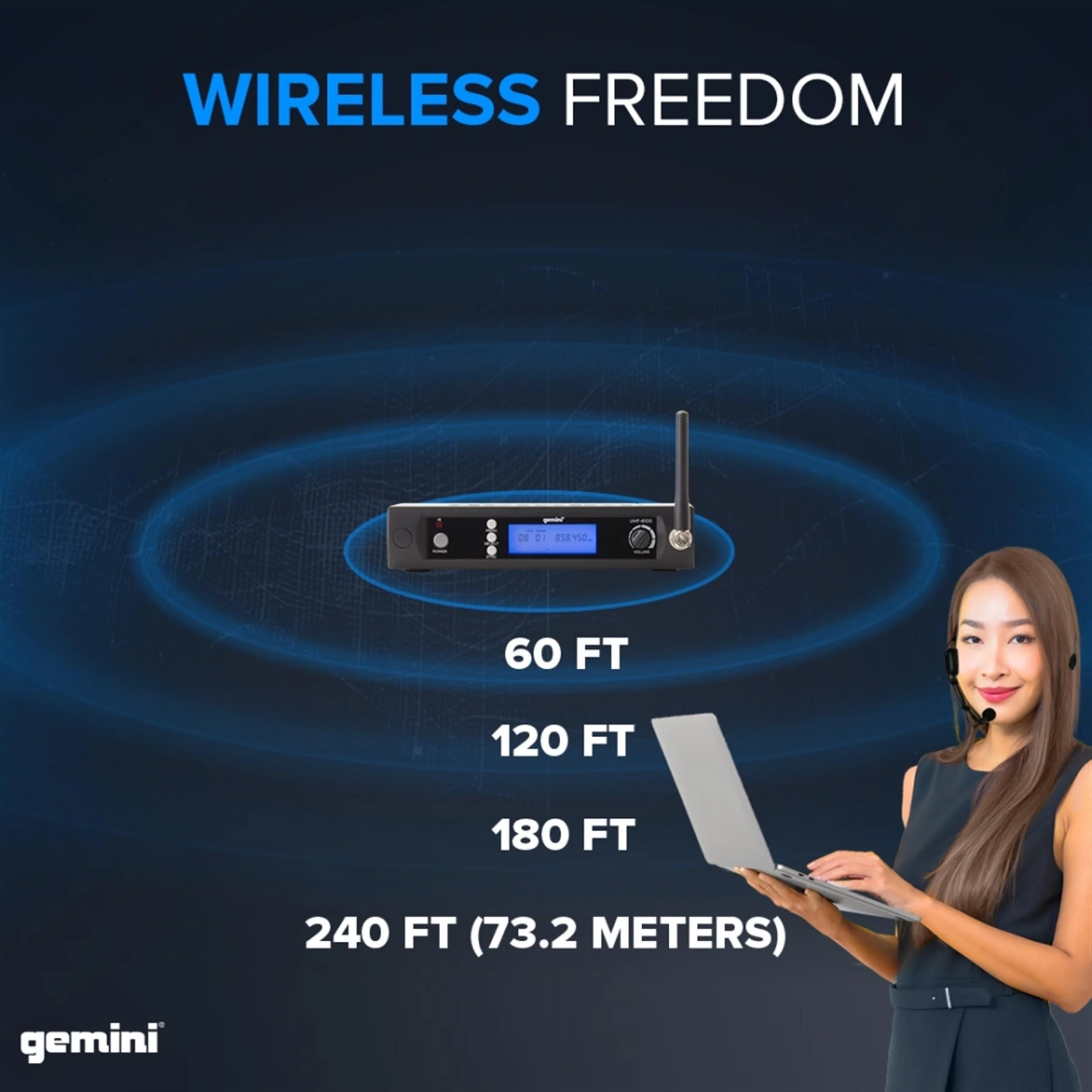 Gemini Sound UHF-6200HL dual wireless headset and lavalier microphone system — 240 ft range, 256 selectable frequencies, dual bodypacks - Image 3