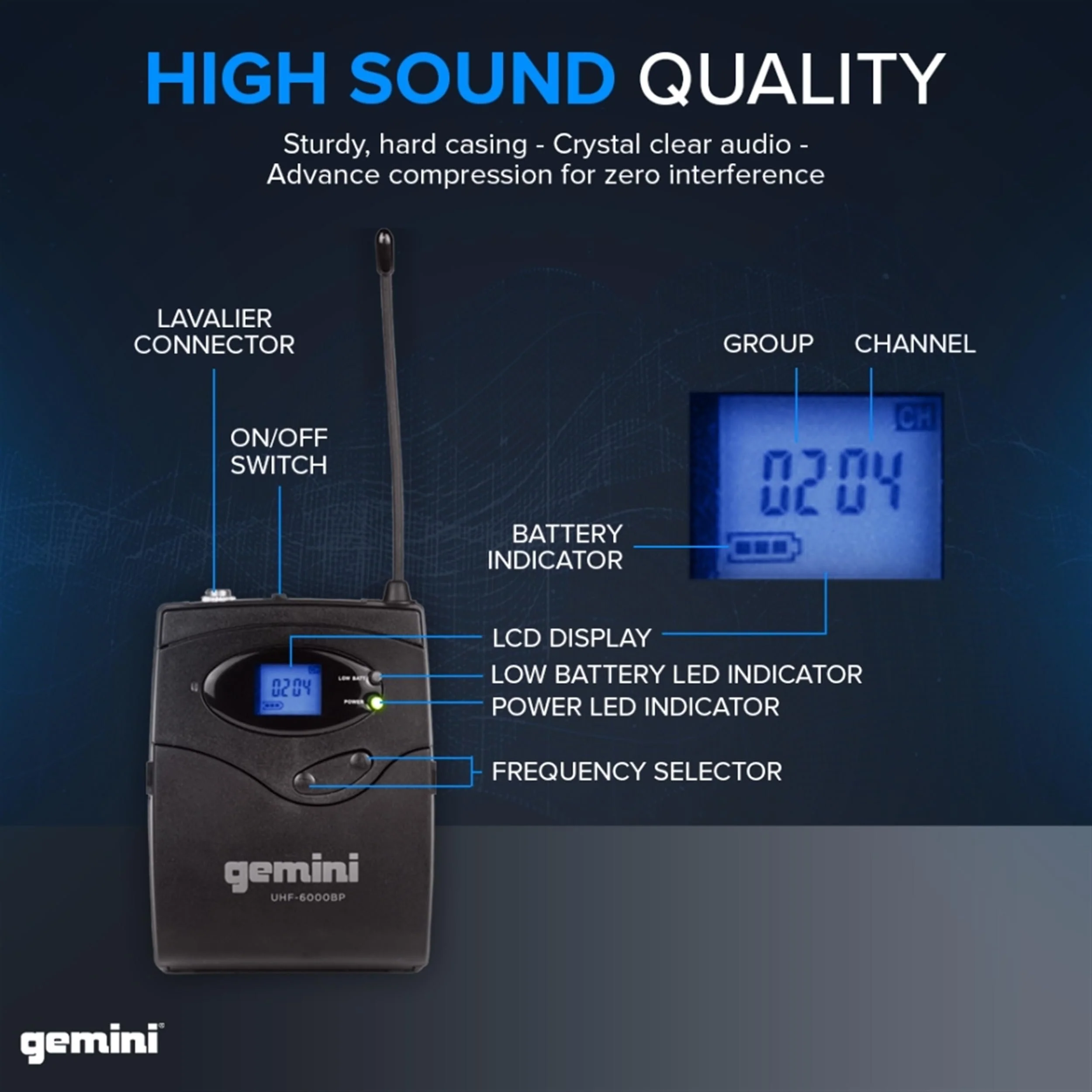 Gemini Sound UHF-6200HL dual wireless headset and lavalier microphone system — 240 ft range, 256 selectable frequencies, dual bodypacks - Image 4