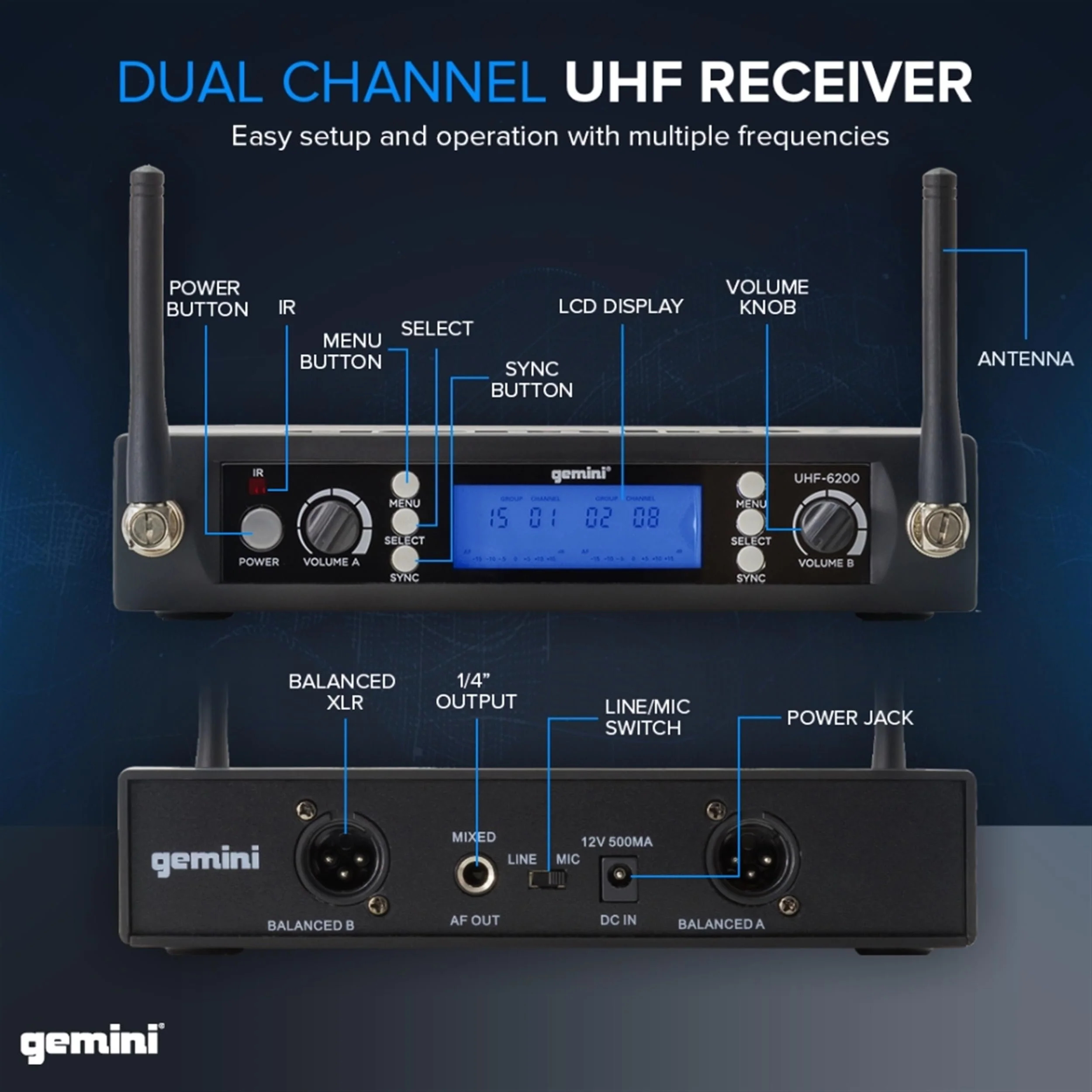 Gemini Sound UHF-6200HL dual wireless headset and lavalier microphone system — 240 ft range, 256 selectable frequencies, dual bodypacks - Image 5