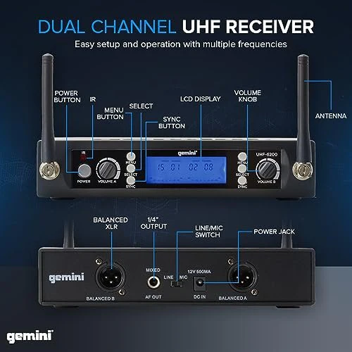 Gemini Sound UHF-6200M dual-channel UHF wireless microphone system — 2 handheld mics, 512–537.5MHz, 240 ft range - Image 4