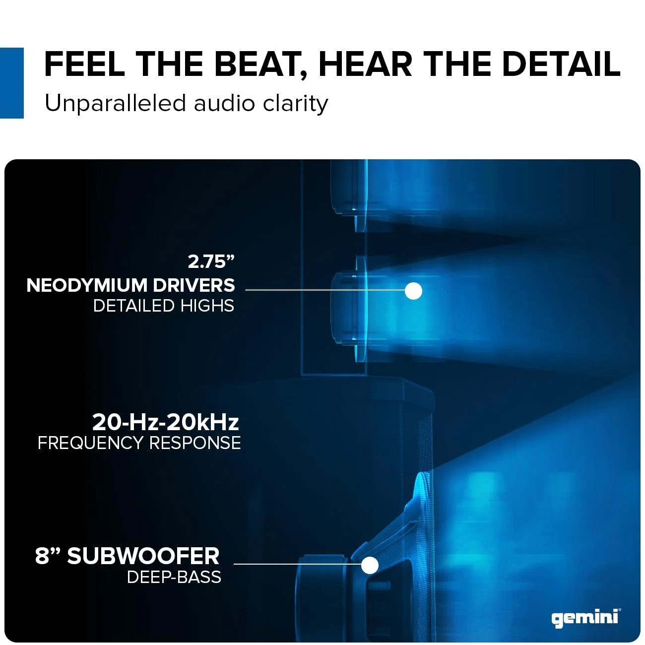 Gemini Sound WPX-2000 portable column array PA system — 600W peak, 8" subwoofer, 73" tall - Image 3