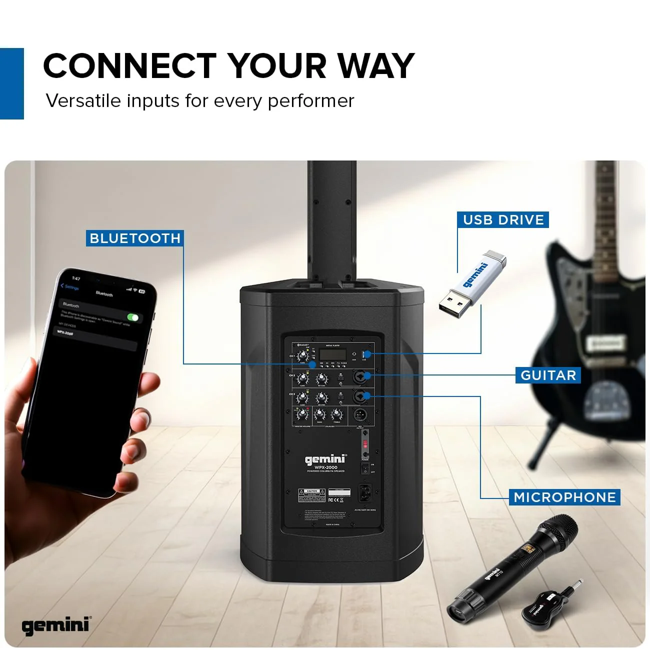 Gemini Sound WPX-2000 portable column array PA system — 600W peak, 8" subwoofer, 73" tall - Image 4